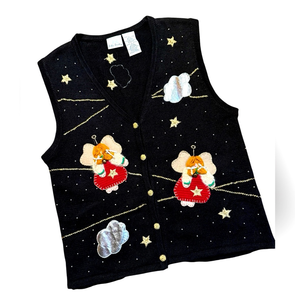 Vtg Bobbie Brooks Ladies Size Lg Christmas‎ Sweater Vest Angels Gold Christmas